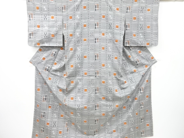 アンティーク　花に絣柄織り出し手織り節紬着物